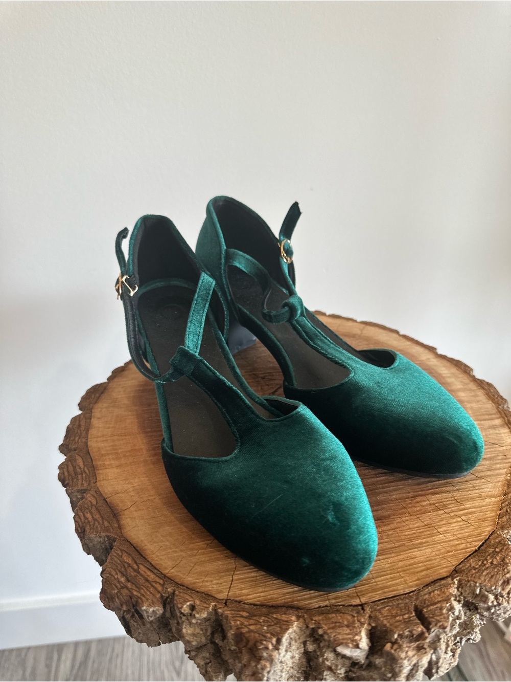Emerald Green Velvet T-Strap Heels